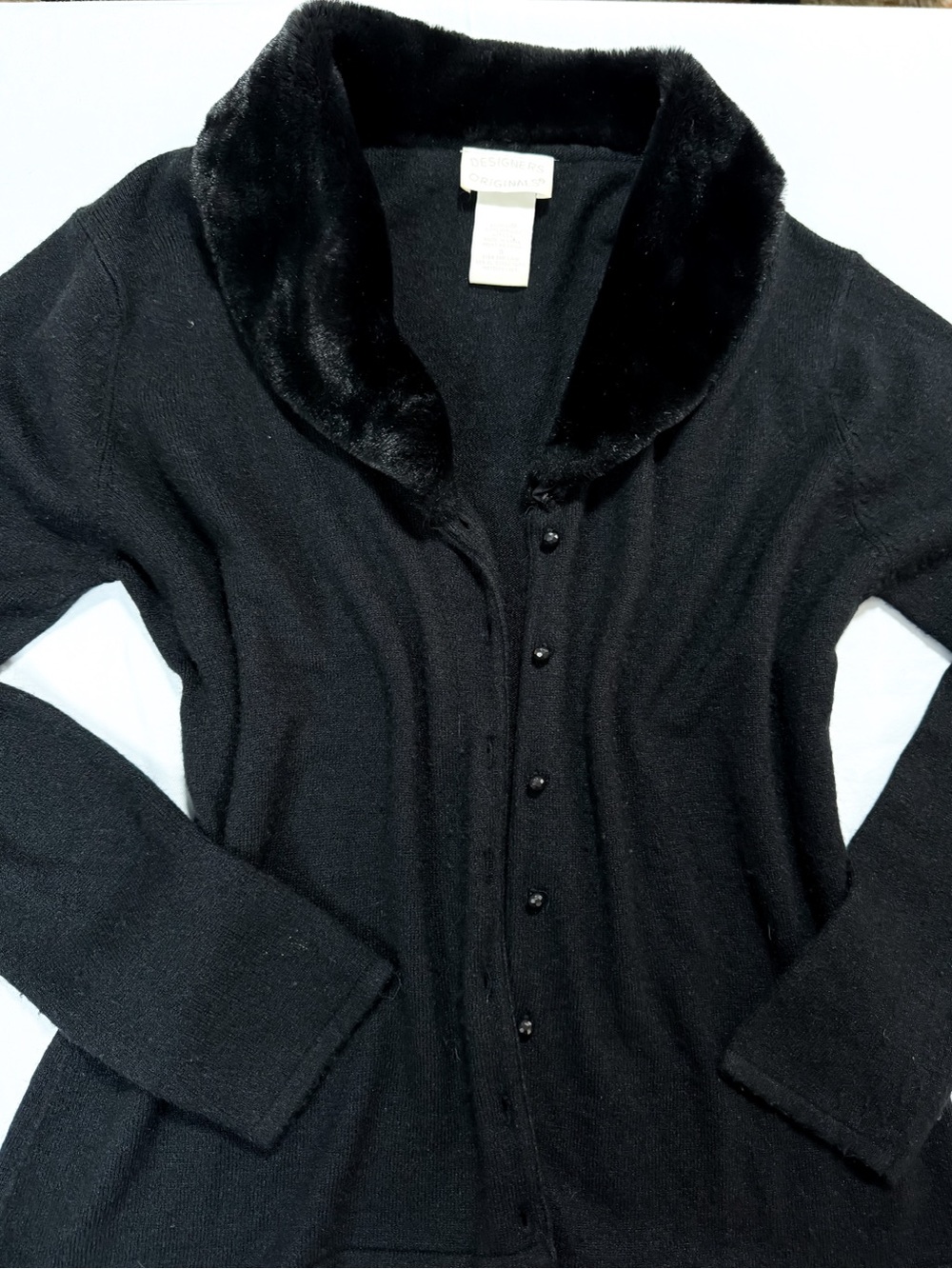 Black Faux-Fur Collar Button-Front Women's Sweater